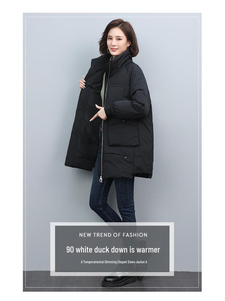 Women's Mid-Length Down Jacket 2024: Warm, Thick, Loose Fit, 90% White Duck Down Padded Winter Coat