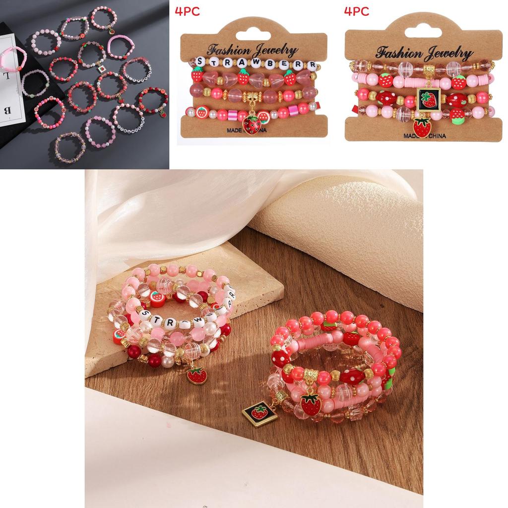 Strawberry Pendant Beaded Bracelet Set With Crystal Glass For Womens Fashion Accessories