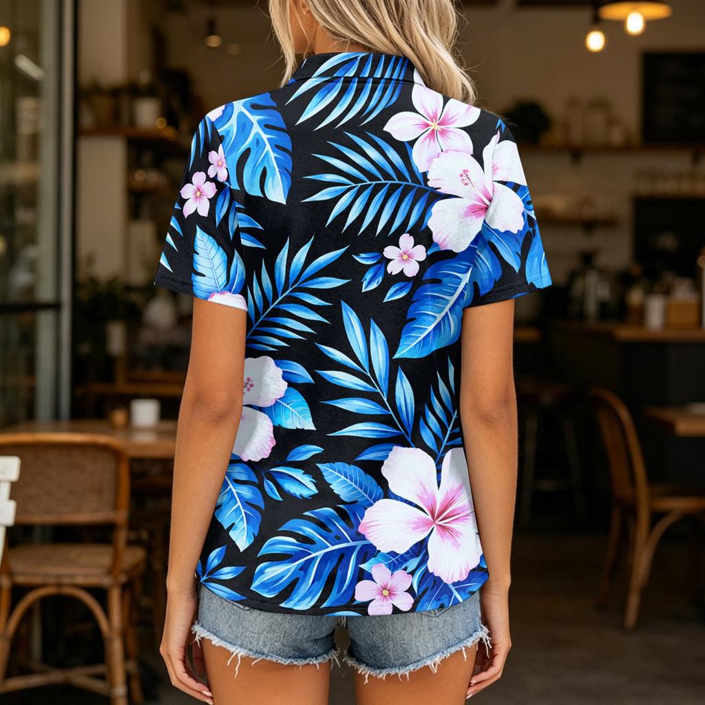 Women’s Casual Polo Neck Loose Fit Short Sleeve Top with Abstract Print and Button for Everyday Wear