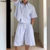 INCERUN Two Piece Suit Men Striped Short Sleeve Shirts Shorts Casual Outfits Sets