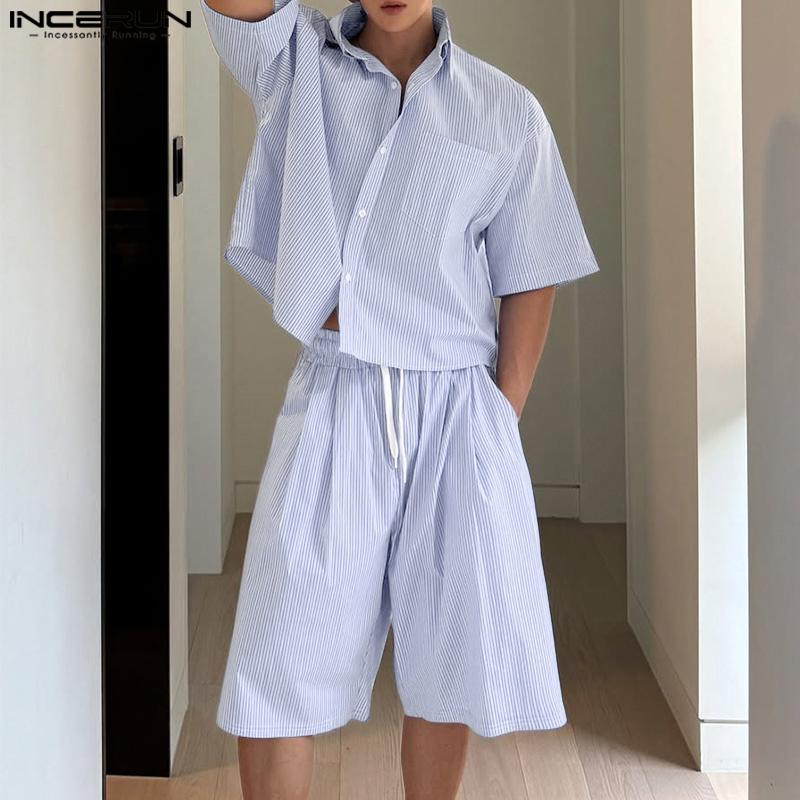 INCERUN Two Piece Suit Men Striped Short Sleeve Shirts Shorts Casual Outfits Sets