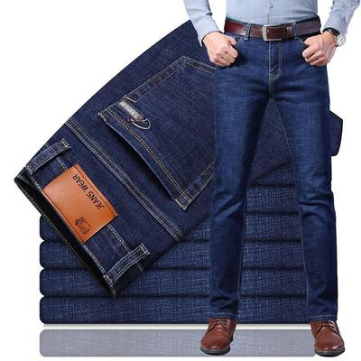 Modne elastyczne dżinsy męskie ze średnim stanem, spodnie business casual o prostych nogawkach i luźnym kroju