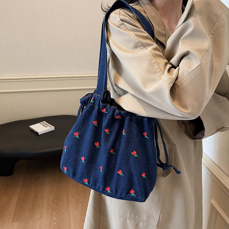 Yogodlns Women's Vintage Floral Denim Bucket Shoulder Bag Casual Embroidered Large Capacity Handbag with Polyester Lining