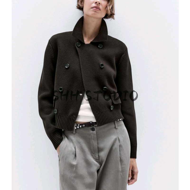 MD Fall Women's Clothing Casual Plain British Style Cotton Blend Double Breasted Lapel Knitting Cardigan 5659575