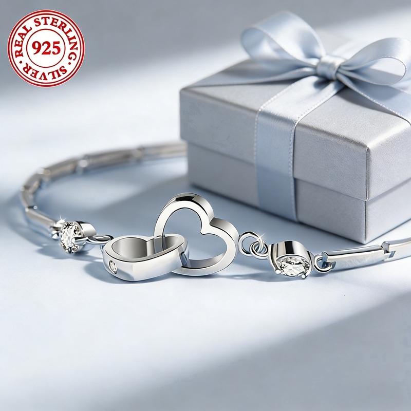 925Sterling Silver Double Heart Bracelet Set with Artificial Gemstones, Elegant and Fashionable Women's Jewelry, Valentine's Day and Mother's Day