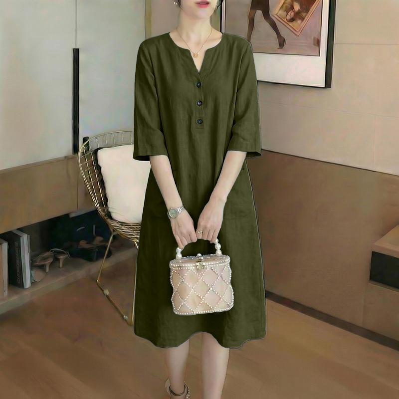 ZANZEA Women Casual V-Neck Solid Color 3/4 Sleeve Loose Dress