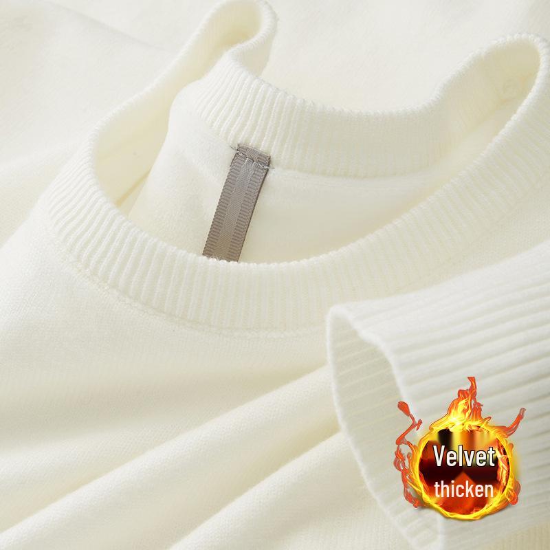 Men’s Winter One-Piece Velvet Sweater: Round-Neck, Thickened Base Layer, Warm Solid Color Knitwear