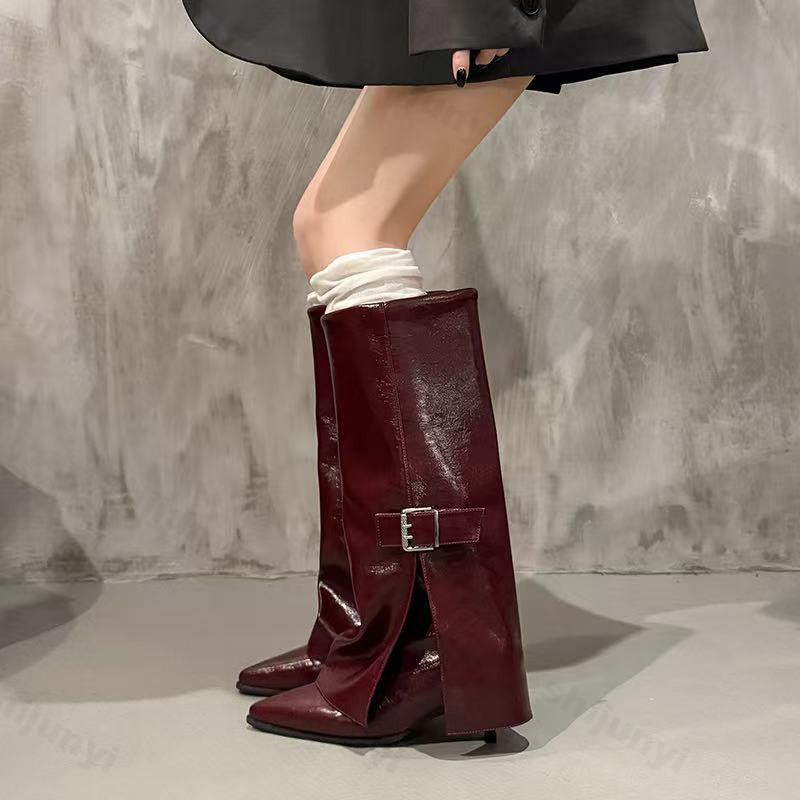 Women's Long Boots Fashion High Heels Pointed Toe Designer Knee High Leather Shoes Metal Belt Buckle 2026 Women Mujer Botas