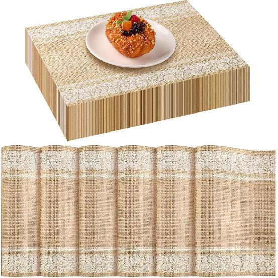Lallisa 100 Pcs Burlap Printed Paper Place Mats 14 x 10 in Lace Disposable Dining Table Placemat Rectangle Brown Kitchen Table Mat Vintage Place Mat