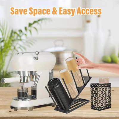 Coffee Cup Holder Lid Organizer with Straw Holder 4 Compartment Coffee Cup Dispenser Adjustable Coffee Bar Organizer