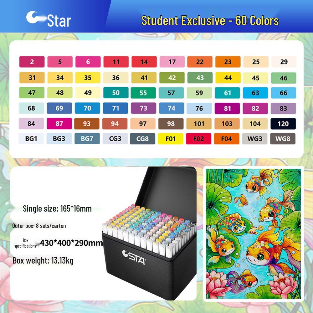 

STA Двусторонние спиртовые маркеры с мягким наконечником на масляной основе, устойчивые к выцветанию, быстросохнущие, штабелируемые, 168 цветов.