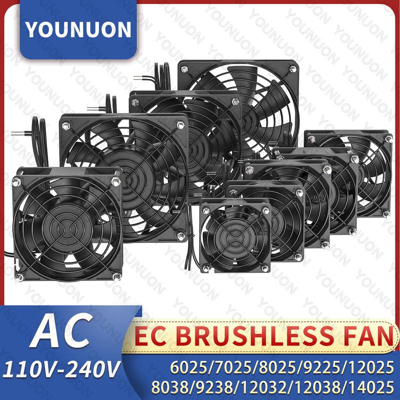 YOUNUON 60mm 80mm 90mm 120mm EC Brushless Fan AC 110V 115V 120V 220V 240V Axial Fan with Srews/Grill 6025 8025 9225 12025 12038 Fluid 60x60x25MM