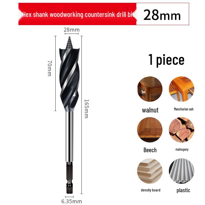 Ruiqi Hex Shank Four-Edge Wood Drill Bit for Door Lock and Drawer Hole Cutting