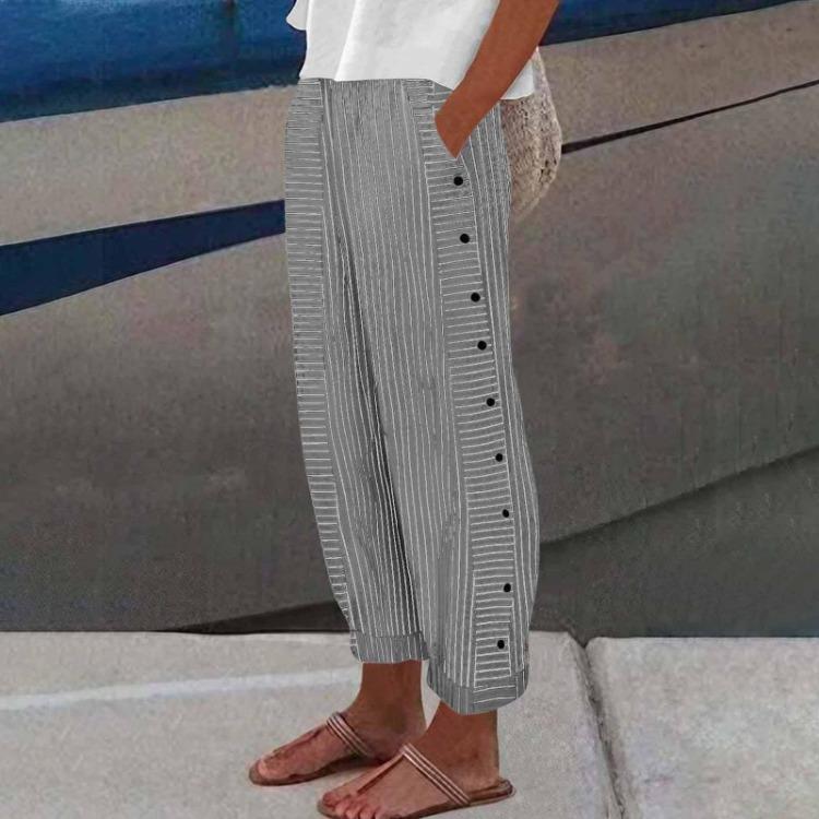 Comfort Trousers Casual Pants Stripe Print Elastic Waist Straight Leg Baggy Side Button Up Women With Pocket S чёрный