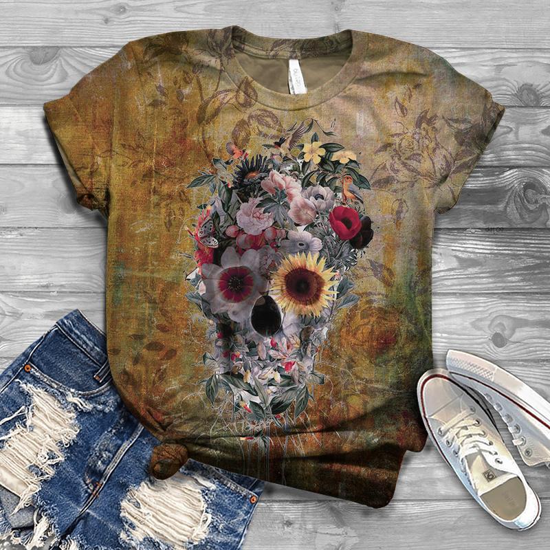 Mode Totenkopf Aufdruck Damen T-Shirt Sommer Kurzarm Freizeit T-Shirt Top Y2k Große Größen Damenbekleidung