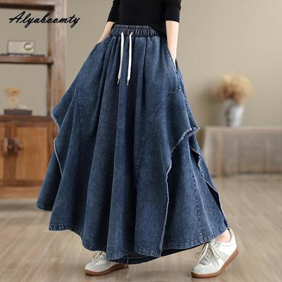 Übergröße Frühling Sommer Damen Weite Beine Jeans Hohe Taille Kordelzug Oversized Baggy Denim Culottes Hose Patchwork Stilvolle Damenhosen