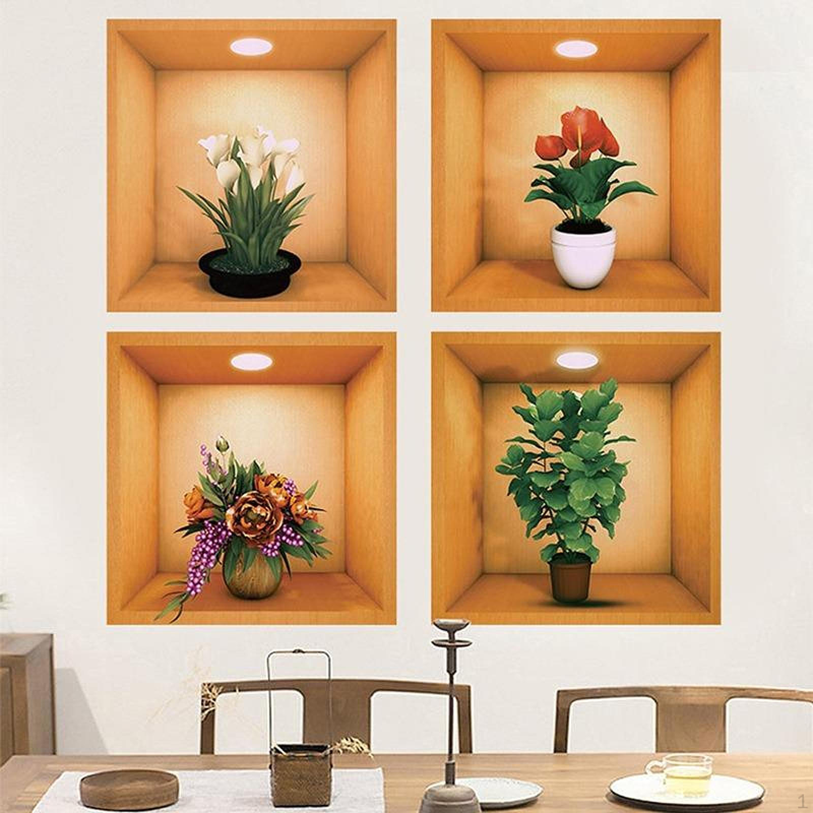 

4 Pieces 3D Potted Plants Wall Sticker, Green Leaves Decals, Art Decor