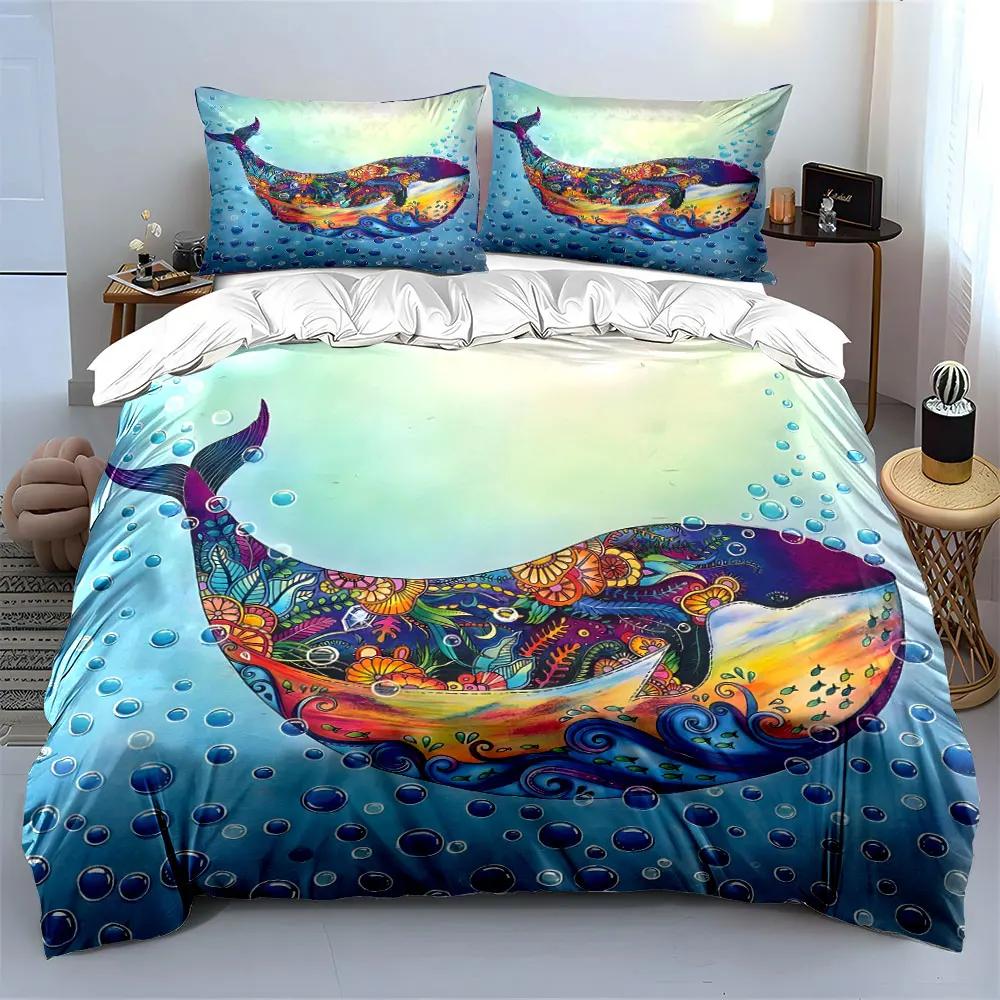 "Colorful Whale Art Three-Piece Decor" Multiple sizes kid's and adults' bedroom Exquisite 3PC bedding set gift