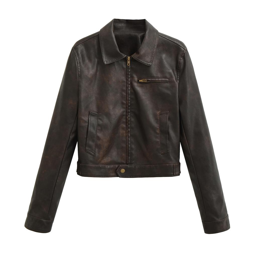 American retro Polo collar leather jacket women's autumn and winter new versatile casual thin motorcycle style PU leather jacket