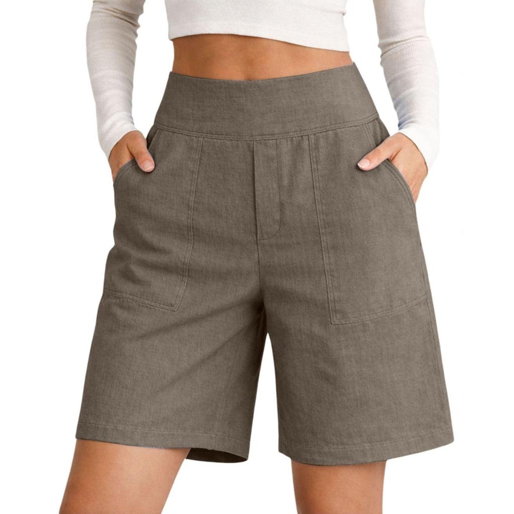 Damen Farbe Baumwolle Leinen Lässig Taille Shorts Mit Taschen Und Dreiviertelshorts