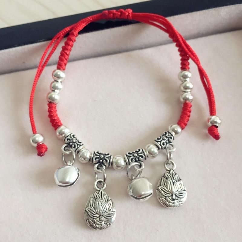 Retro red rope bracelet, small fresh couple bell, long life lock, safe anklet, handmade hidden silver jewelry.