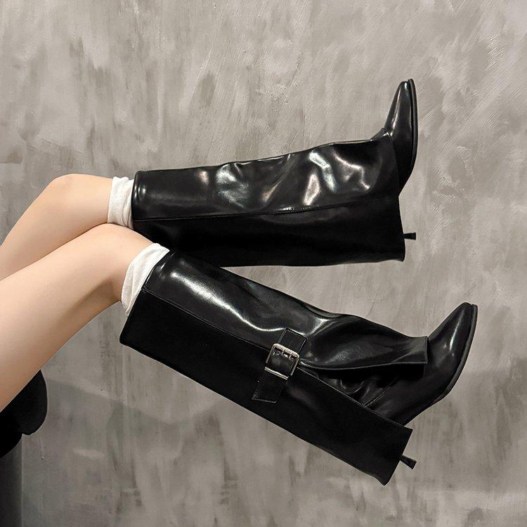 

Soft leather version! Pointed Knight Boots Women s Belt Buckle High Heel Pants Boots Thin Heel High Straight Boots Skinny Boots 42