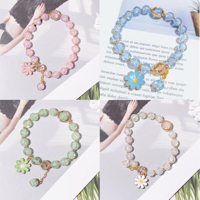 Elegant Crystal Flower Beaded Bracelet for Women Strand Beaded Bracelet Jewelry Strawberry Daisy Flower Wristband Chain