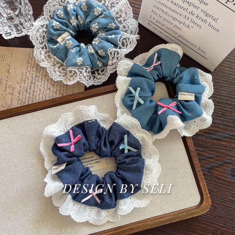 Large Denim Double layered Hair Scrunchies With Lace for Girls and Women Elastic  Hair Bands Nordic Style Hair Accessories