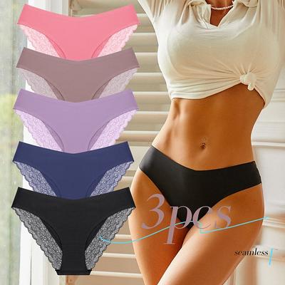 3 TEILE/SATZ Nahtloses Höschen für Damen, Spitzen-Slip, spurlose und atmungsaktive Unterwäsche, einfarbige Dessous mit niedriger Taille
