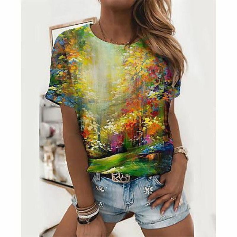 Summer Round Neck 3D Flowers Butterflies Dragonflies Pattern Print Top Fashionable Casual Short Sleeved Women's T-shirts