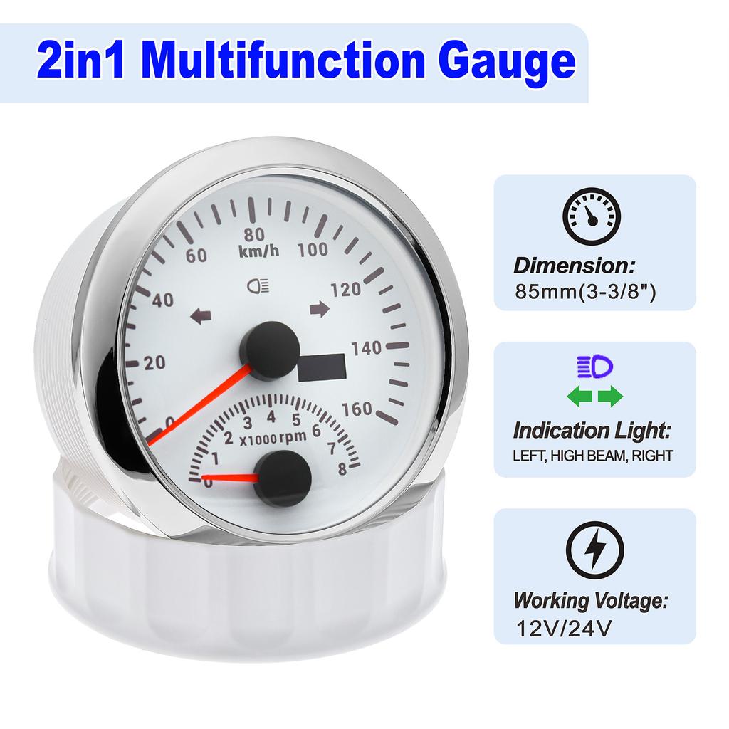 2 In 1 Multifunction Gauge IP67 Waterproof Speedometer With Tachometer Red Backlight for 12V 24V Universal Car Boat Speed Meter
