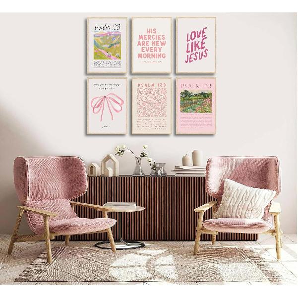 6Pcs Christian Wall Art Pink Bible Verse Canvas Bow Paintings Cute Preppy Posters Coquette Aesthetic Prints Trendy Scripture Jesus Picture Wall Decor