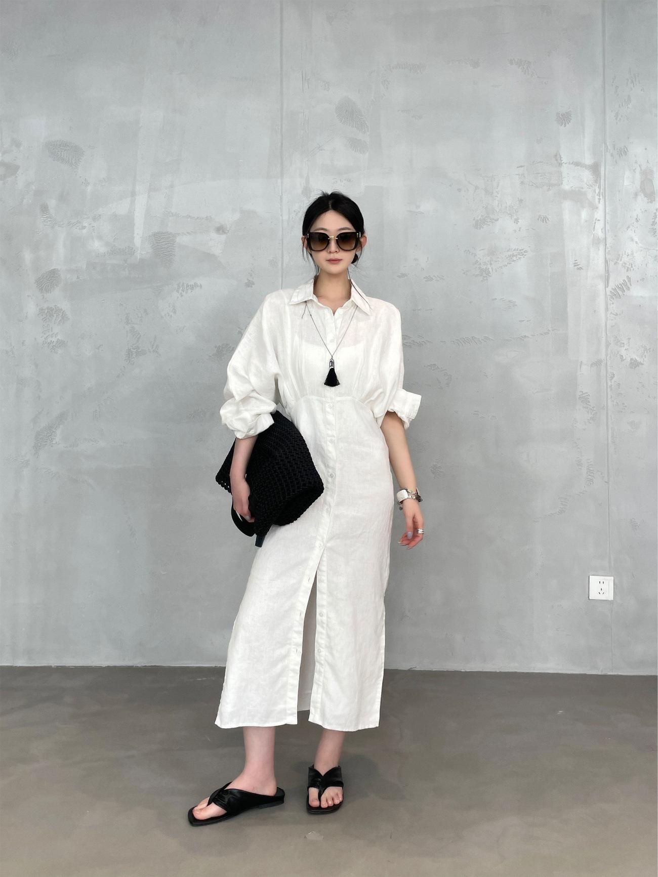

190g Imported Heavyweight Pure Linen Artistic Slimming Long Shirt Dress L (120-135 lbs) білий