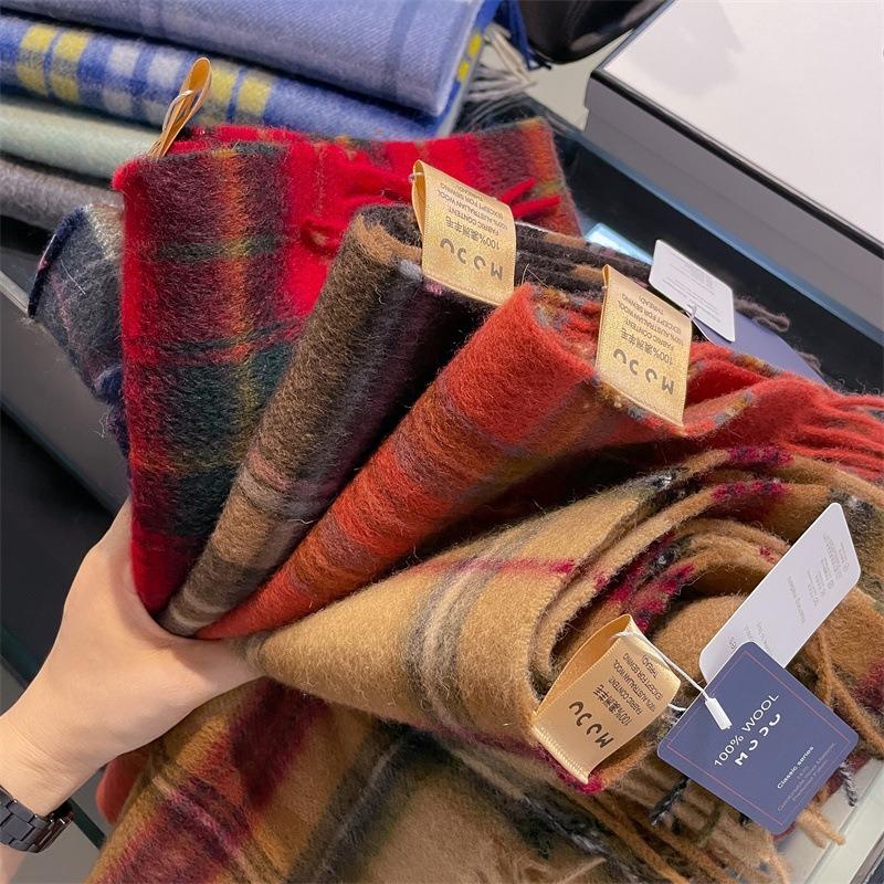 Unisex gift-giving high-end plaid pure cotton wool scarf wool fashion fringed warm couple scarf