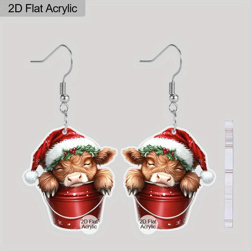 

Плоские 2D Рождественские серьги с горной коровой для женщин, Акриловые серьги-подвески с горной коровой в рождественской шляпе, Легкие серьги, Рождественский подарок с коровой