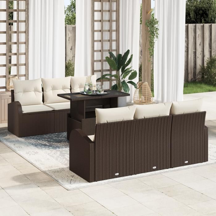 Canapé de jardin 7 pièces avec coussins marron poly rattan, Canapé de jardin 2 places avec rangement et coussins marron poly 3357301