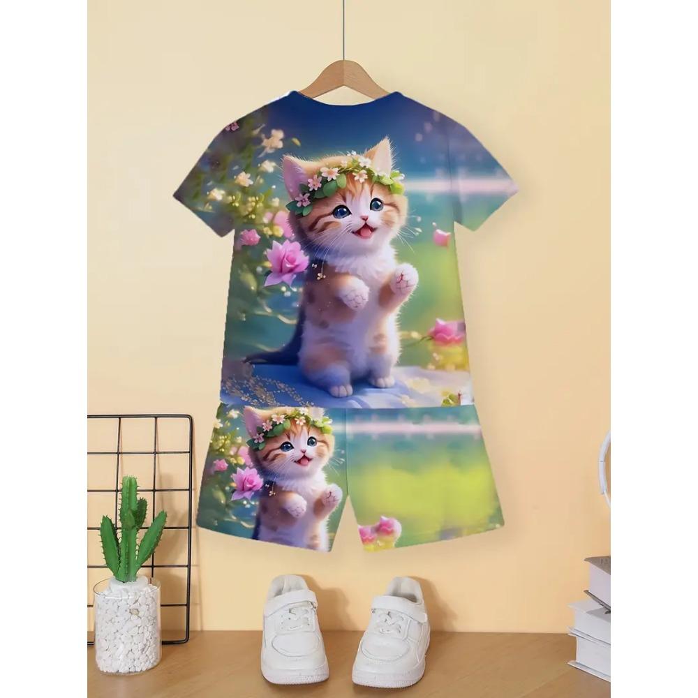 Children's Cat T-Shirt Shorts Set Summer Casual Girl Clothes Short Sleeve Kids Sets for Children Tops Outdoor Sport Girl Outfits