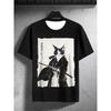 European Sizes Men's Watercolor Samurai Cat Print T-Shirt - Minimalist Round Neck Short Sleeve Casual Summer Tee Suitable for Outdoor Activities