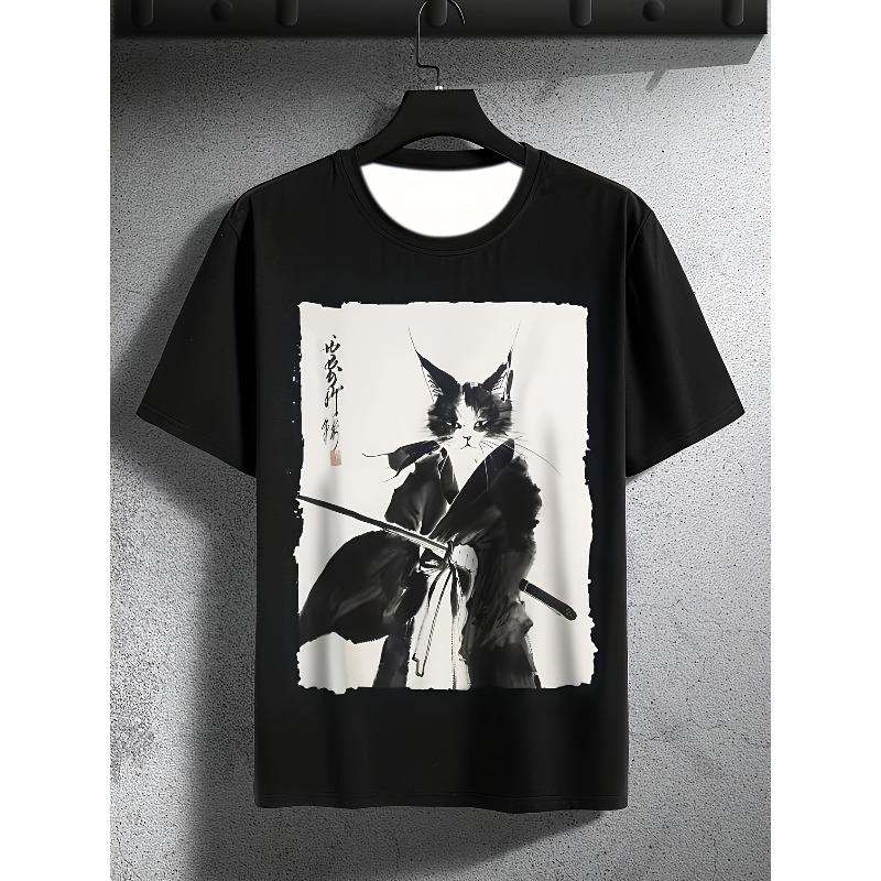European Sizes Men's Watercolor Samurai Cat Print T-Shirt - Minimalist Round Neck Short Sleeve Casual Summer Tee Suitable for Outdoor Activities