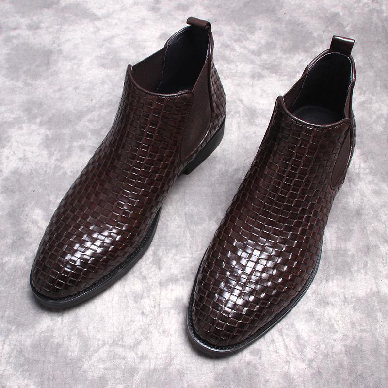 Men's Korean Style Woven Leather Slip-On Chelsea Boots