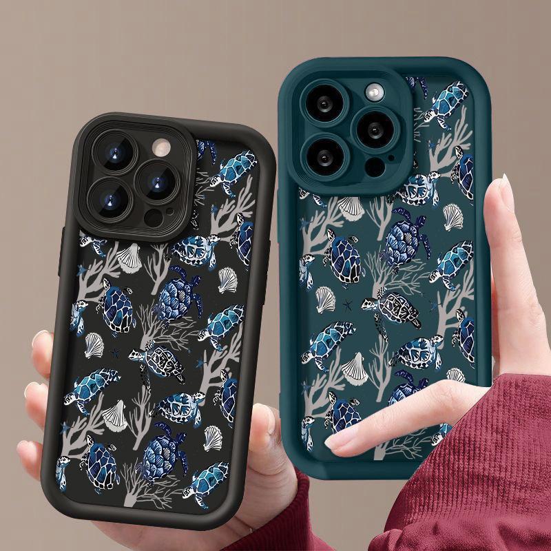 For iPhone 16 Pro 16E 15 Pro Max 14 13 12 11 Phone Case Shell Coral Turtle Pattern Anti-Fall Lens Protection Matte TPU Shockproof Soft Bumper Cover
