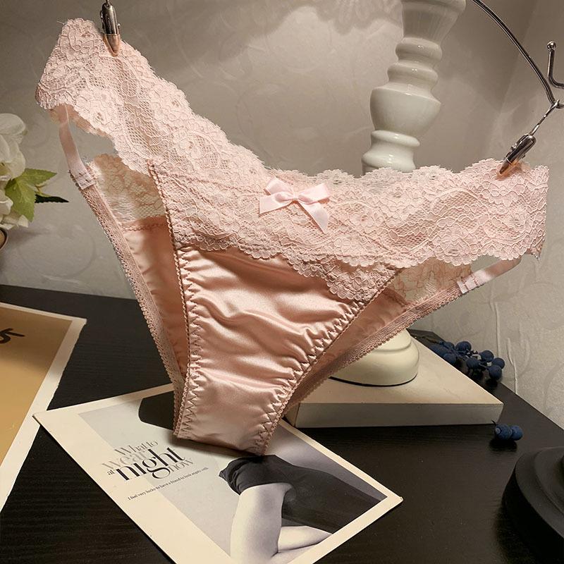 

Жіночі атласні трусики з французьким мереживом та бавовняною ластовицею, низька посадка - Японський стиль з льодяної шовку L (110-130 jin) рожевий