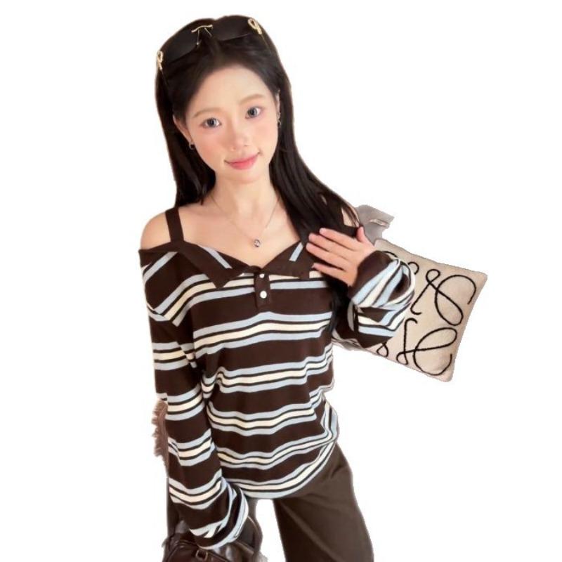 Autumn New Striped Shoulder Strap Off-shoulder One-shoulder Slim Long-sleeved Top Autumn Versatile Women's Clothing Trend