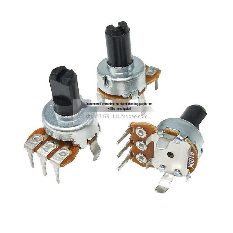 Type 121 Single Gang Rotary Volume Potentiometer with D-Type Knurled Half-Shaft, B10K/B50K/B100K, Vertical 3-Pin Through-Hole.