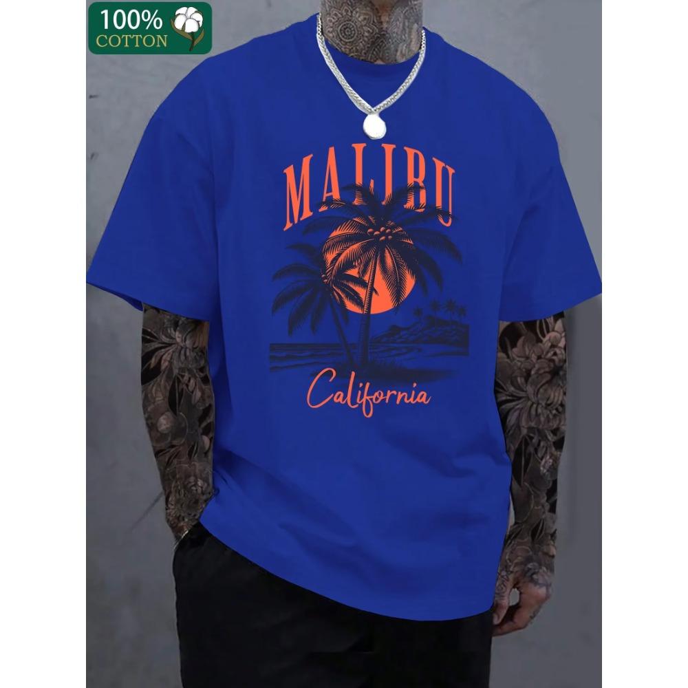 Men's Summer 100 Cotton Fashionable Casual Loose California Tropical Beach Pattern Printed Round Neck Short Sleeve T-shirt Top