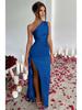 Sexy One-shoulder Pleated Slit-front Short-sleeved Satin Dress with A Summery Elegant Vibe