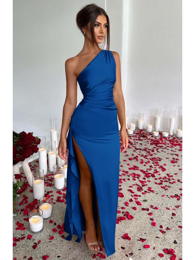 Sexy One-shoulder Pleated Slit-front Short-sleeved Satin Dress with A Summery Elegant Vibe