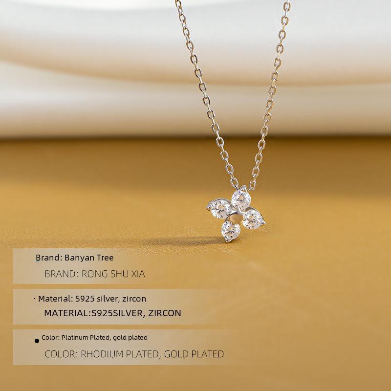 Halskette mit vierblättrigem Kleeblatt aus S925er Sterlingsilber, 14 Karat plattiert, mit Zirkonia und Diamantblumenanhänger, trendige Schlüsselbeinkette.