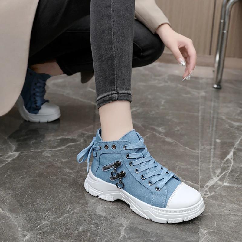 Trendy High Top Canvas Shoes 2024 Autumn New Thick Soled Casual Versatile High Top Women's Board Shoes Zapatos De Mujer Sneakers
