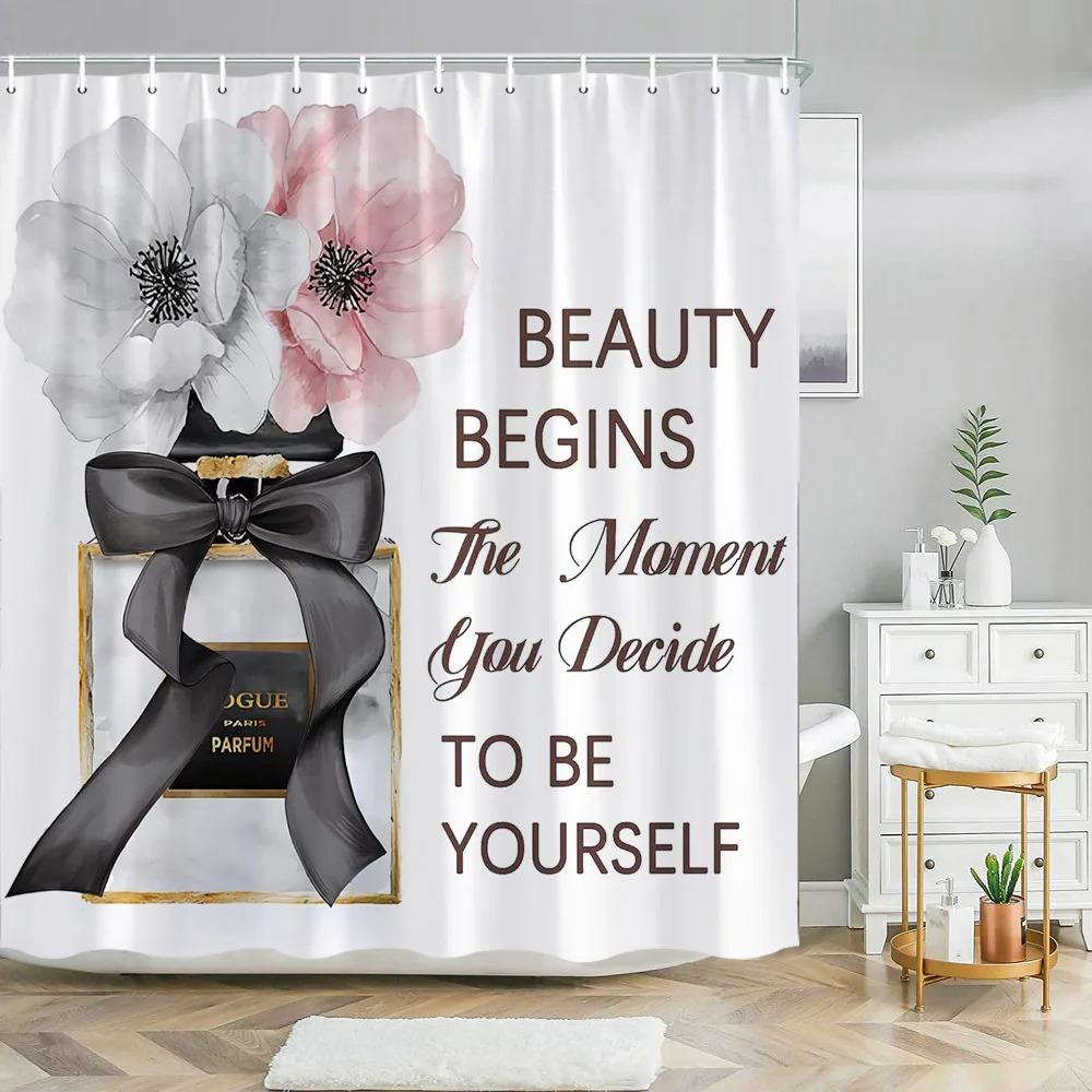 Pink Perfume High Heel Shower Curtain Set Black White Stripes Fashion Girl Woman Bathroom Decor Polyester Bathtub Curtains Hooks